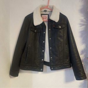 Levi's Womens Faux Leather Biker Jacket Sherpa Lined Moto Black Collar Size L